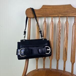 Franco Sarto Y2K Style Black Leather Small Shoulder Baguette Bag Large Buckles